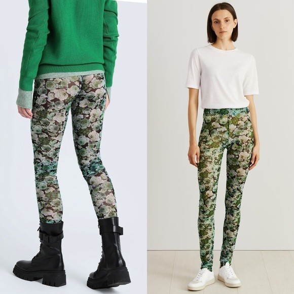 GANNI 70s Emerald Floral Print Stretch Mesh High Rise Semi-Sheer Leggings L - Picture 3 of 14